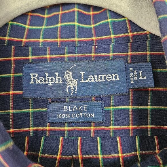 Ralph Lauren Blake 100% Cotton Navy Blue Tattersall Plaid Button Down Shirt L - Picture 3 of 5